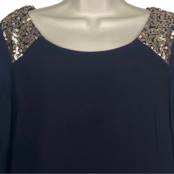 Sequin Hearts Women’s Flowy Dress L Black Gold Sequined Shoulders Sheer Sleeves - Picture 2 of 13